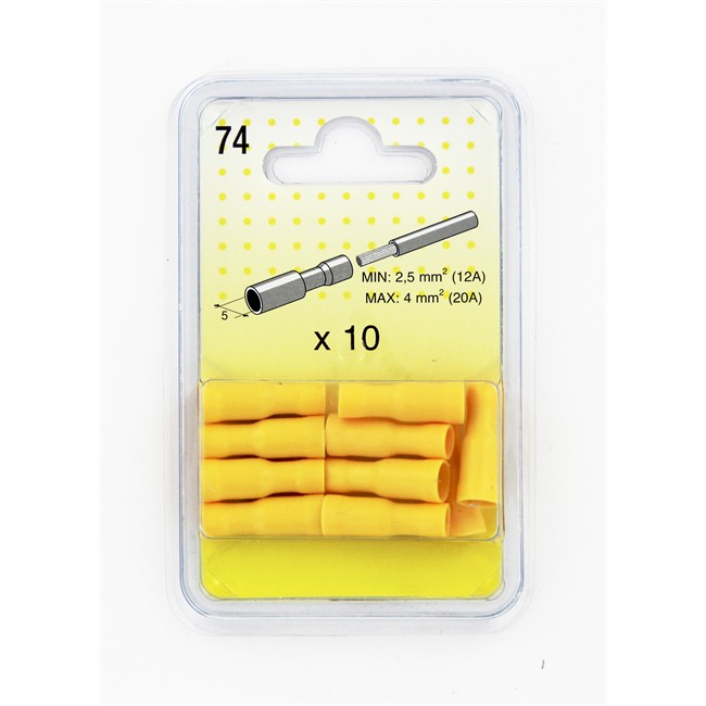 10 Cosses Cylindriques Isolées Jaunes 5 Mm Femelle