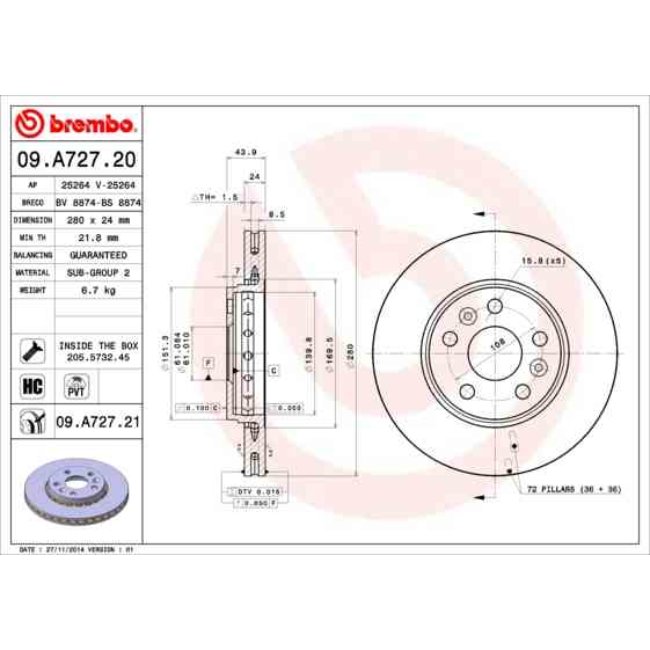 2 Disques De Frein Brembo Vernis Uv 09.a727.21