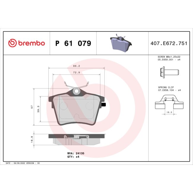 4 Plaquettes De Frein Brembo P61079