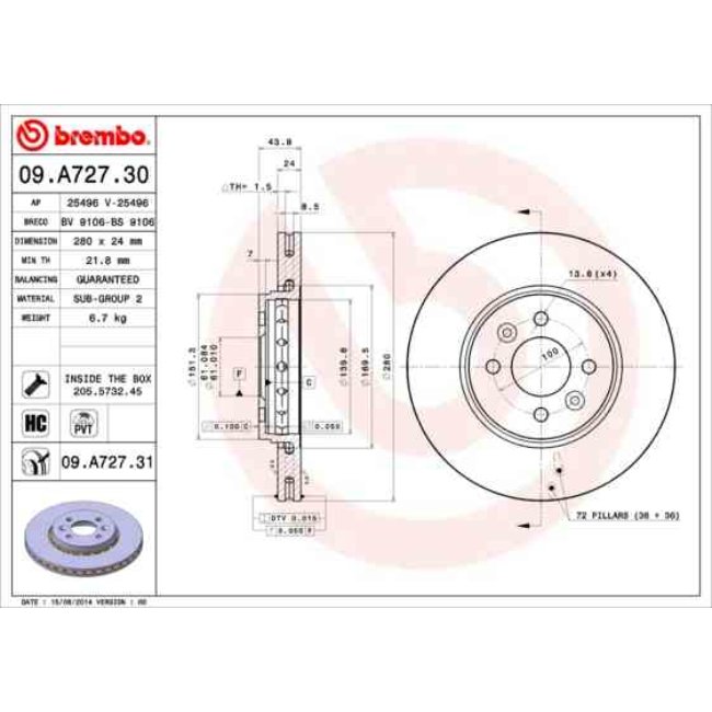 2 Disques De Frein Brembo Vernis Uv 09.a727.31
