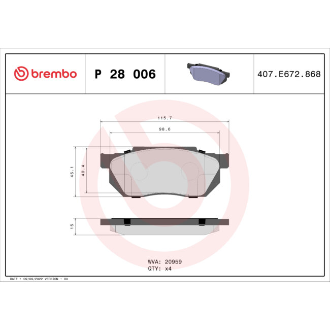 4 Plaquettes De Frein Brembo P28006