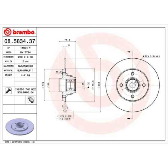 1 Disque De Frein Avec Roulement Brembo 08.5834.37