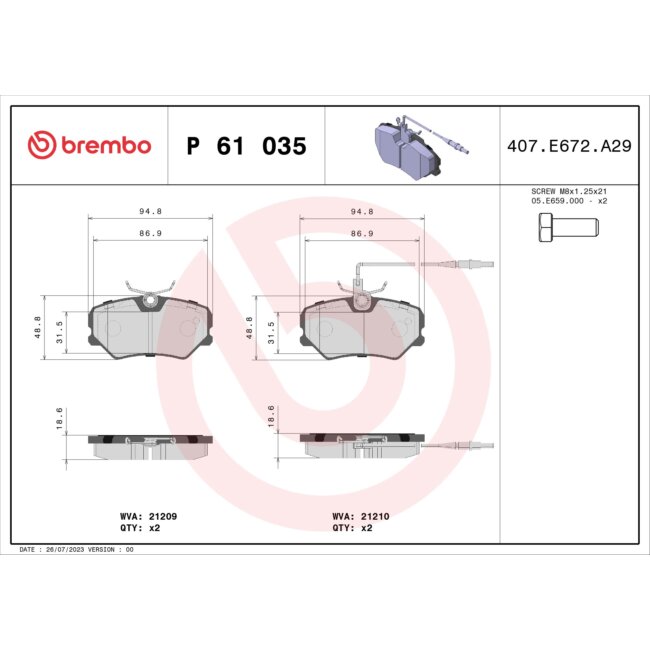 4 Plaquettes De Frein Brembo P61035