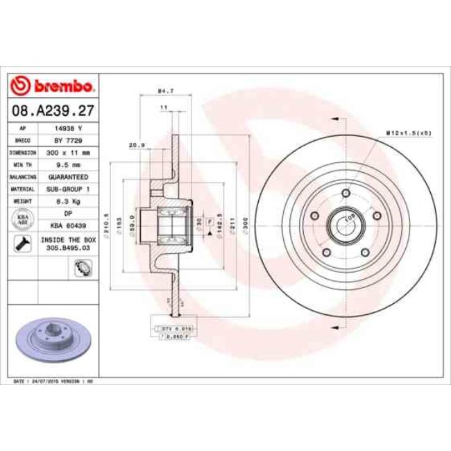 1 Disque De Frein Avec Roulement Brembo 08.a239.27