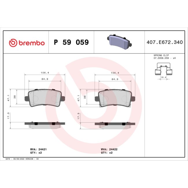 4 Plaquettes De Frein Brembo P59059