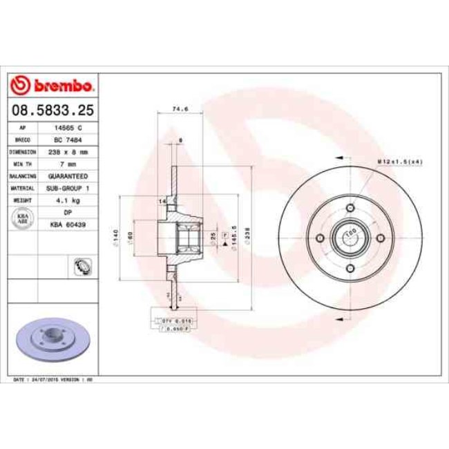 1 Disque De Frein Avec Roulement Brembo 08.5833.25
