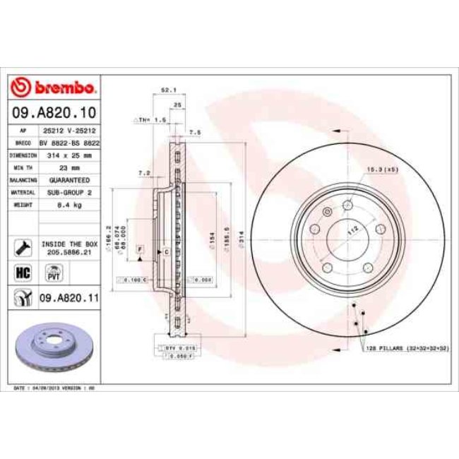 1 Disque De Frein Brembo Vernis Uv 09.a820.11