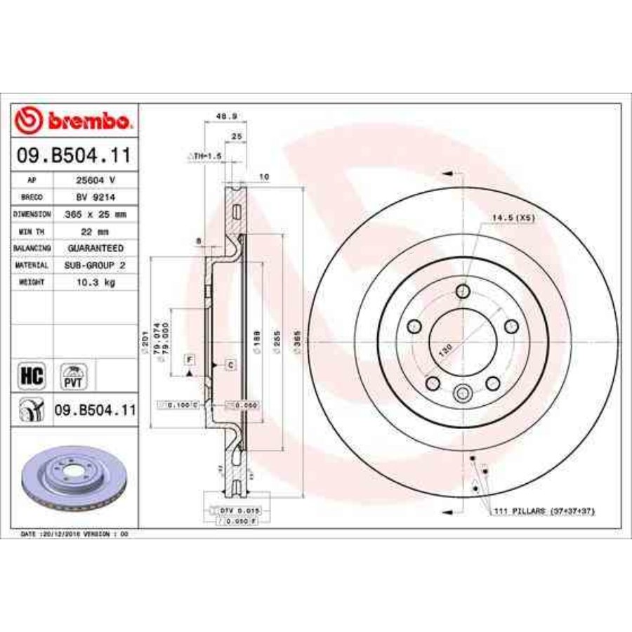 Disque De Frein Avant Brembo - Référence 09.B956.11 - Diamètre 330 Mm, épaisseur 26 Mm - Revêtement Anti-corrosion UV - Pour Haute Performance