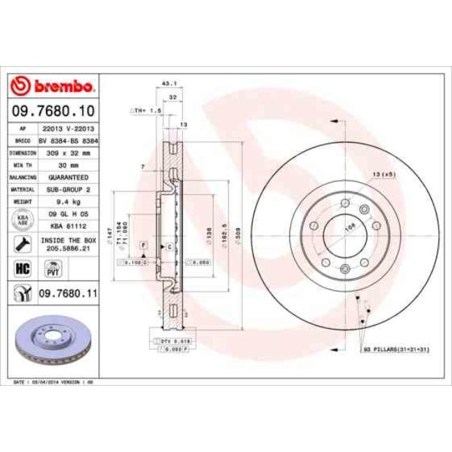 1 Disque De Frein Brembo Vernis Uv 09.7680.11