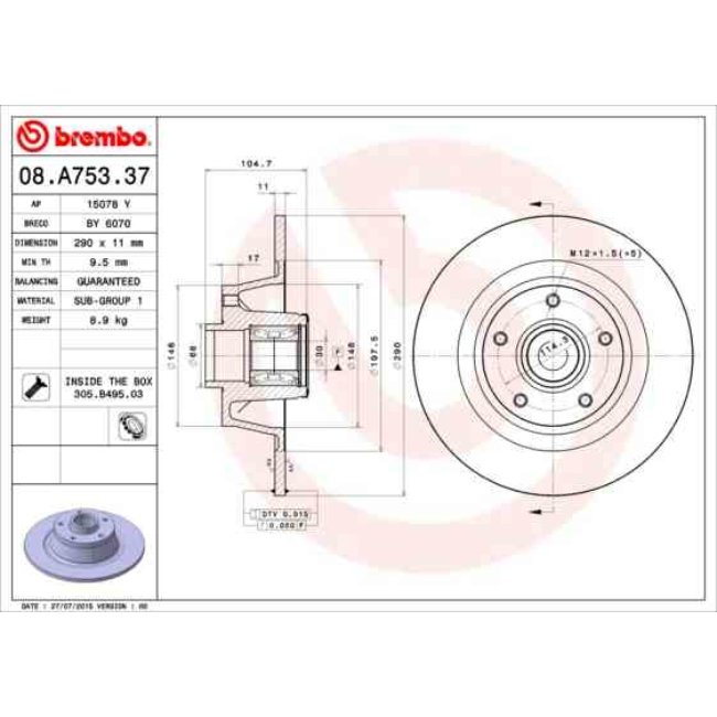 1 Disque De Frein Brembo Avec Roulement 08.a753.37
