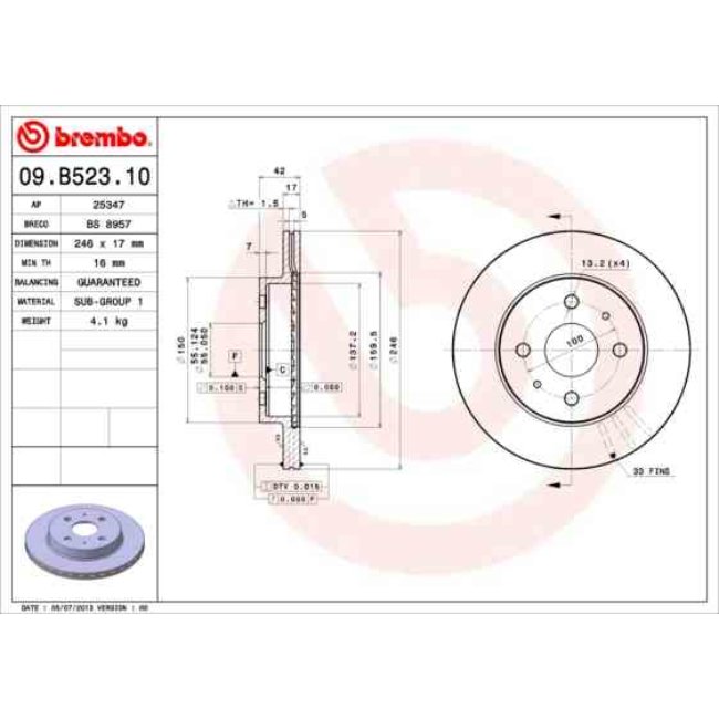 2 Disques De Frein Brembo 09.b523.10