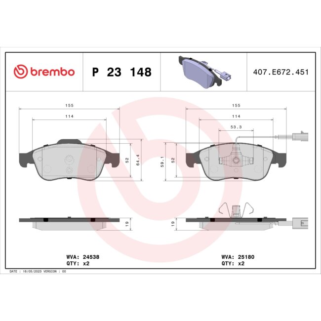 4 Plaquettes De Frein Brembo P23148