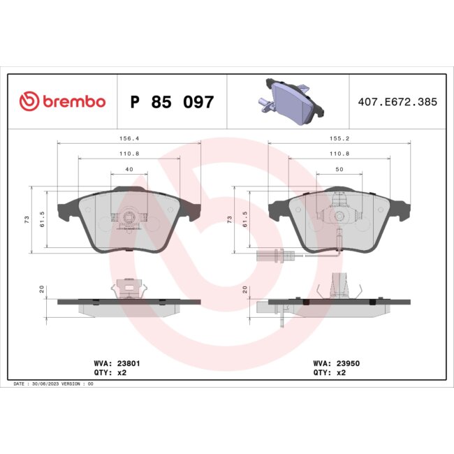 4 Plaquettes De Frein Brembo P85097