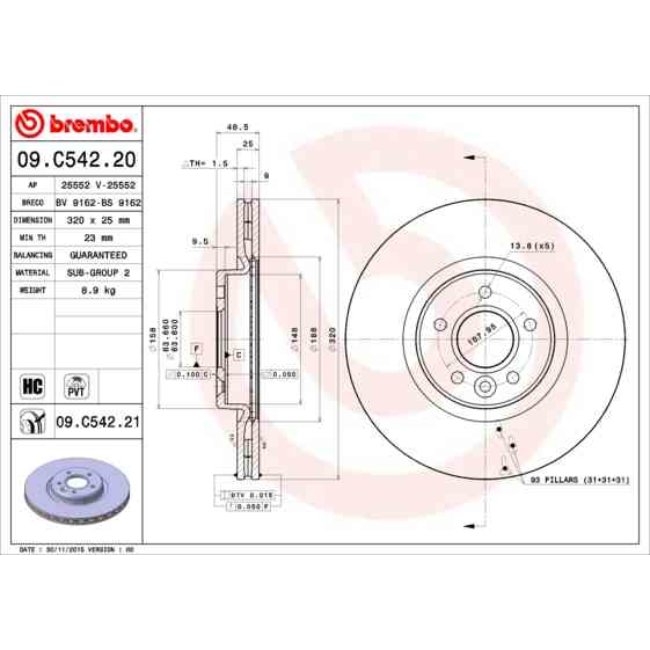 1 Disque De Frein Brembo Vernis Uv 09.c542.21