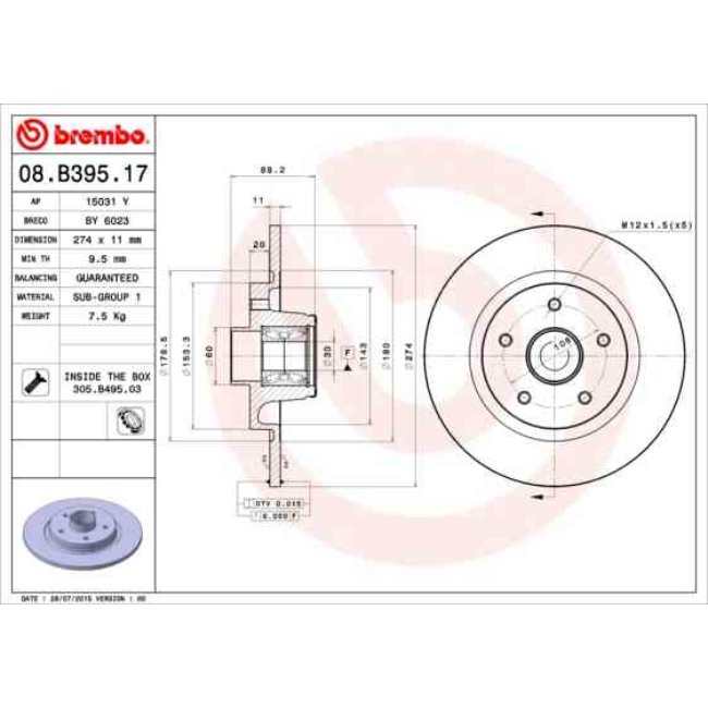 1 Disque De Frein Brembo Avec Roulement 08.b395.17