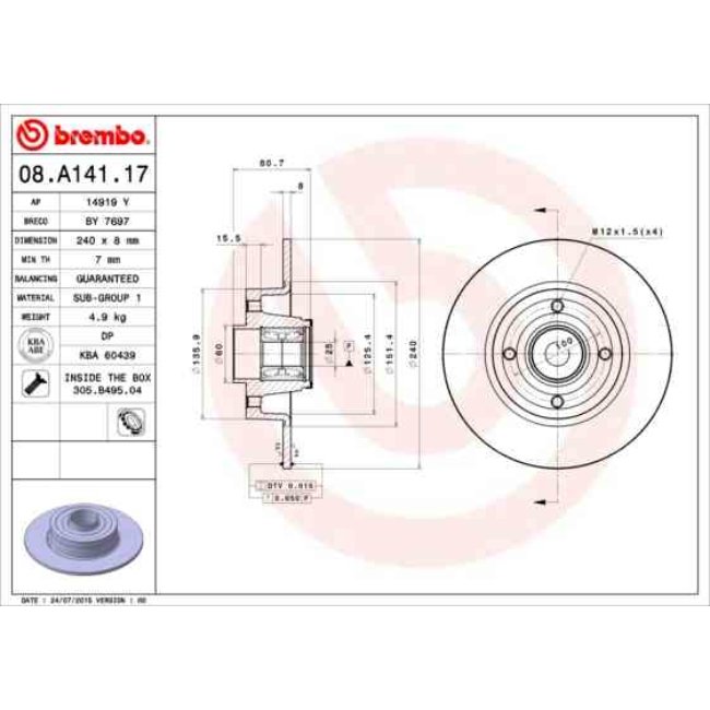 1 Disque De Frein Avec Roulement Brembo 08a14117