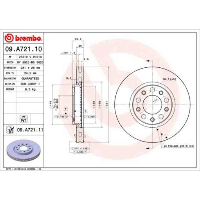 2 Disques De Frein Brembo Vernis Uv 09.a721.11
