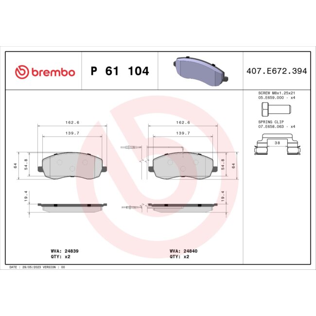 4 Plaquettes De Frein Brembo P61104