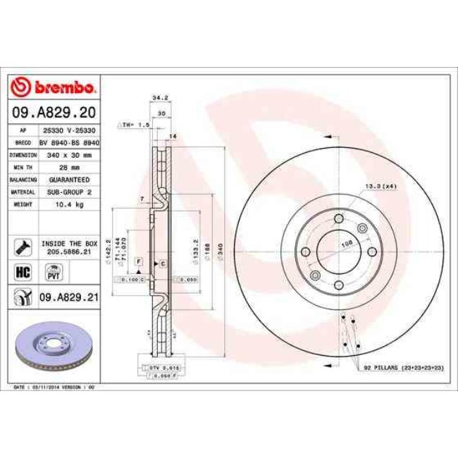 1 Disque De Frein Brembo Vernis Uv 09.a829.21
