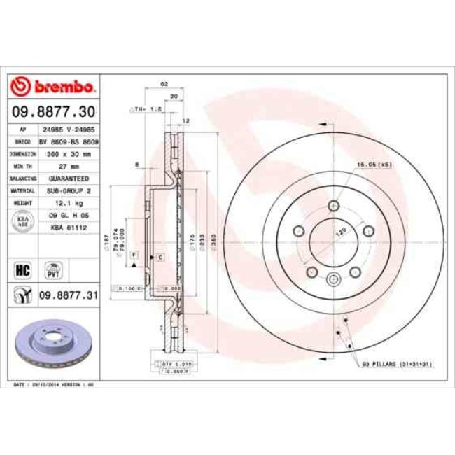 1 Disque De Frein Brembo Vernis Uv 09.8877.31