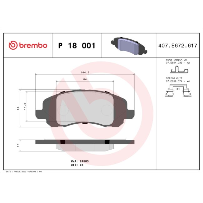 4 Plaquettes De Frein Brembo P18001