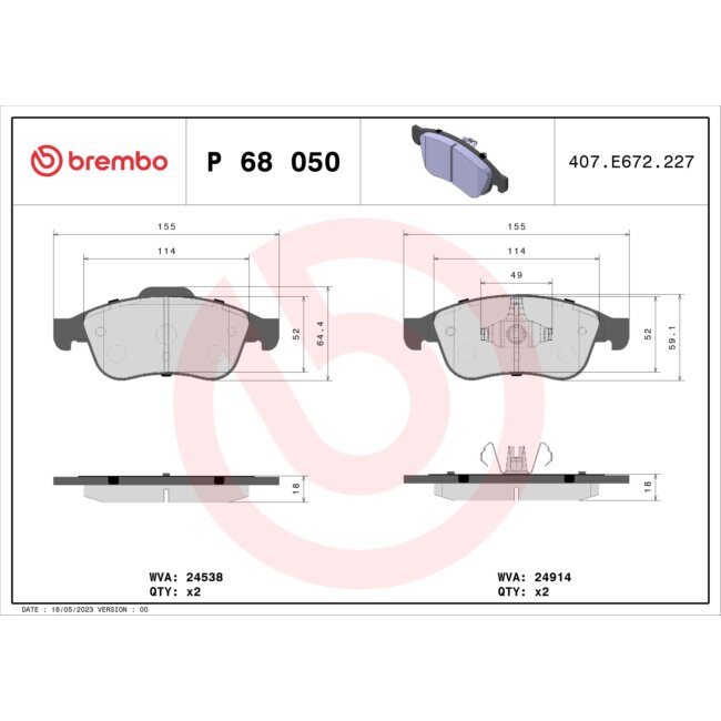4 Plaquettes De Frein Brembo P68050