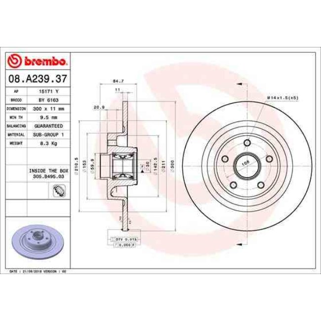 1 Disque De Frein Avec Roulement Brembo 08.a239.37