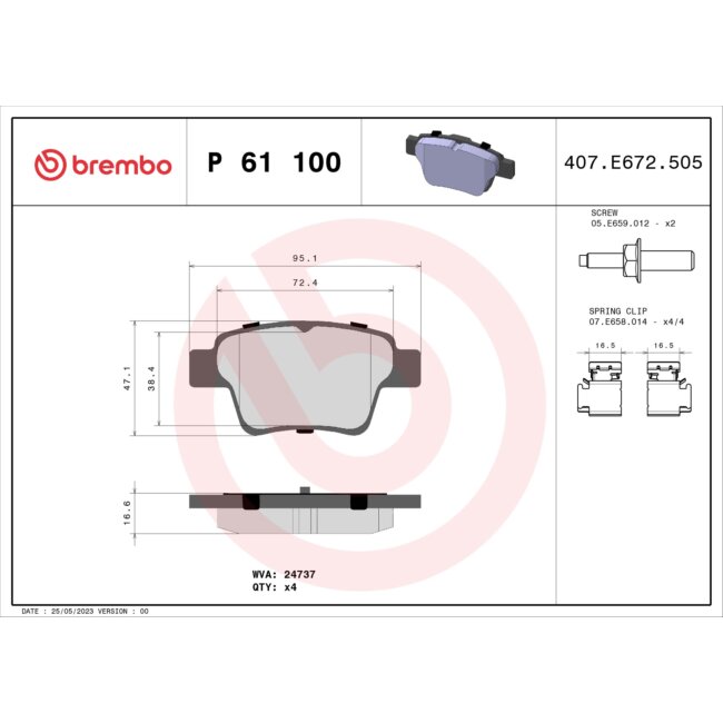 4 Plaquettes De Frein Brembo P61100
