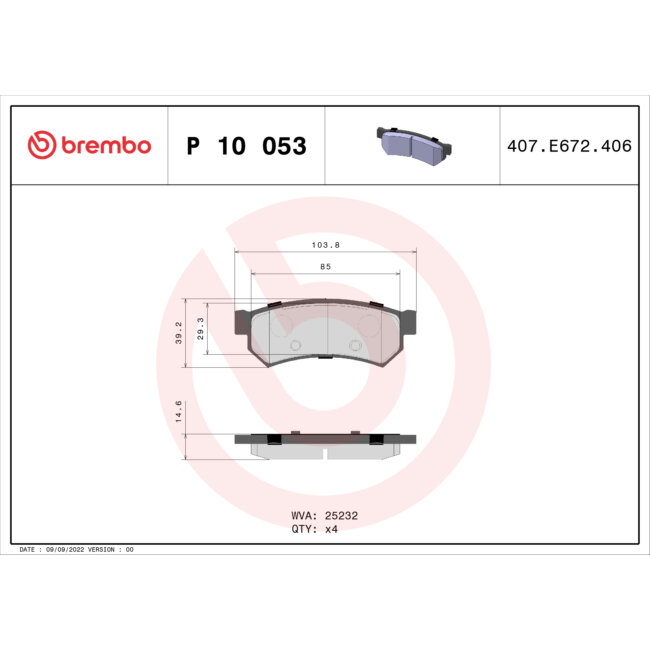 4 Plaquettes De Frein Brembo P10053