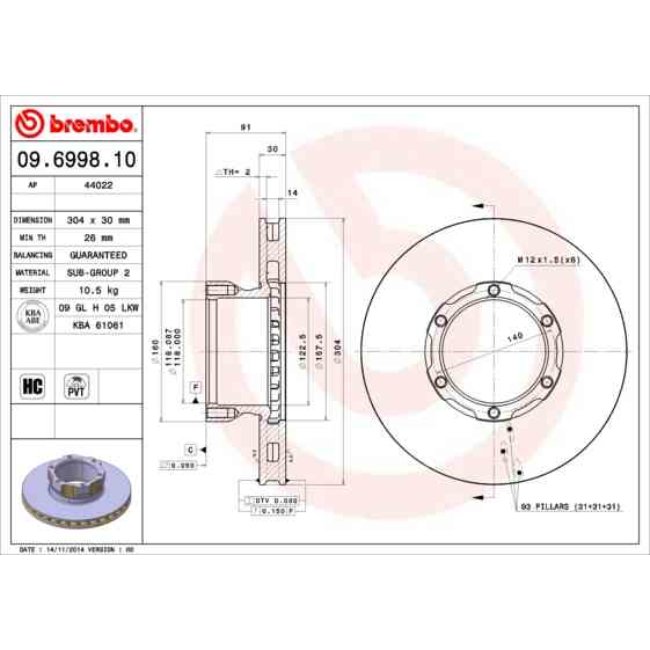 1 Disque De Frein Brembo 09.6998.10