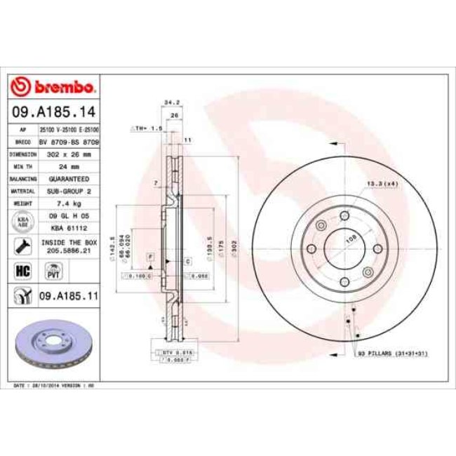 2 Disques De Frein Brembo 09.a185.14