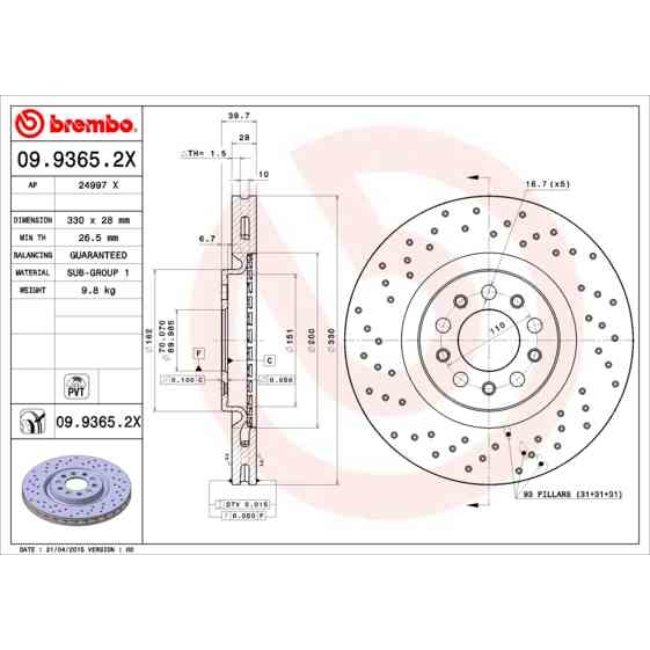 1 Disque De Frein Brembo Xtra Vernis Uv 09.9365.2x